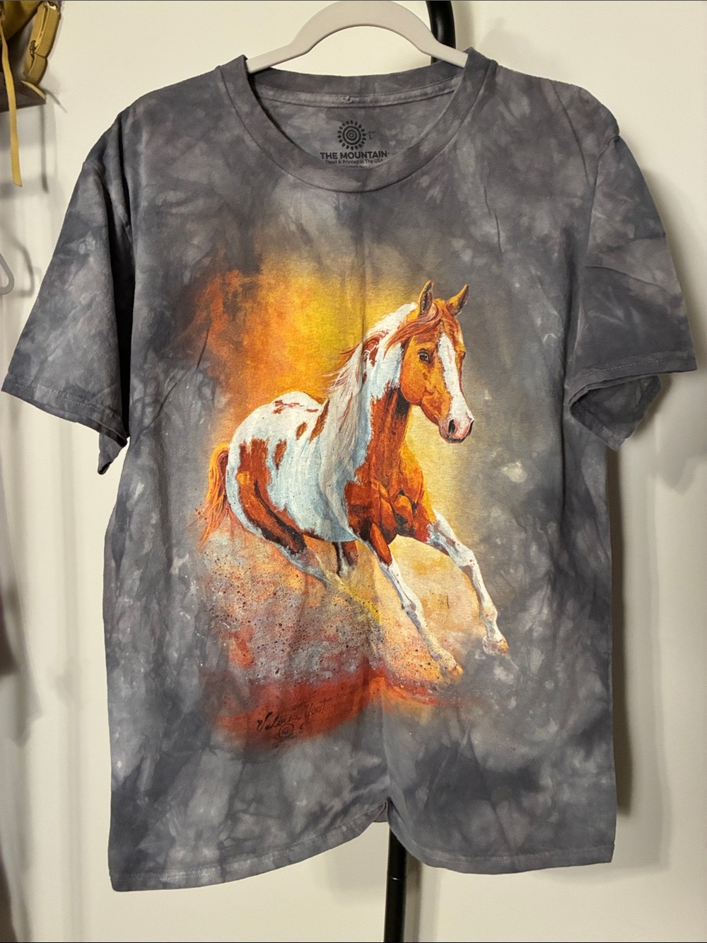 The Mountain Sunset Galllop Gray Tie-Dye Tee Orange & White Horse Graphic Large
